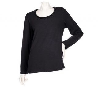 Denim & Co. Long Sleeve T shirt with Beaded Neckline —
