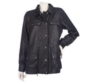 Susan Graver Distressed Faux Leather Snap Front Anorak Jacket