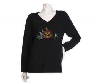 Quacker Factory Halloween Rhinestone V neck Sweater —