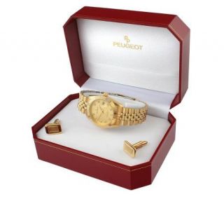 Peugeot Mens Goldtone Watch with Matching CuffLinks —