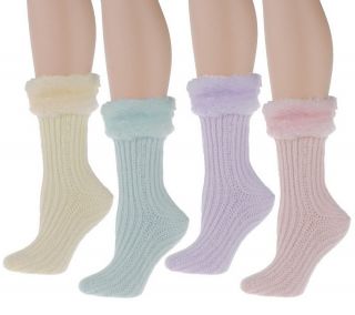 Legacy Legwear 4 pair Faux Fur Trimmed Slipper Socks w/Sole Grippers 