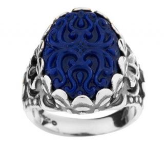 American West Oval Carved Lapis Scalloped Sterling Ring —