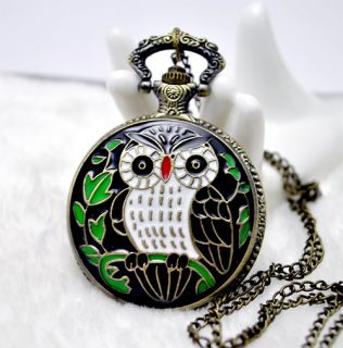 Copper Pocket Watch Clock Lovely Owl Pendant Long Necklace