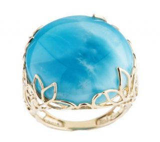 Round Larimar and Floral Design Ring 14K Gold —