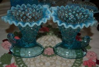 Fenton Blue Opalescent Hobnail Cornucopia Candle Holders 2 Pair Large