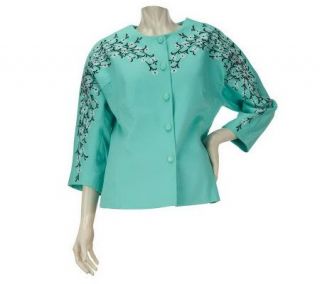 Bob Mackies Blossom Embroidered Button Front Pique Jacket —