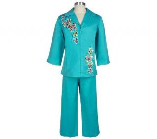 Bob Mackies Embroidered Stretch Pique Jacket and Crop Pants   A56165