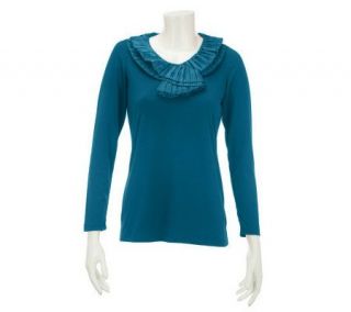 Dennis Basso Long Sleeve Knit Top with Satin Ruffle Detail   A228367