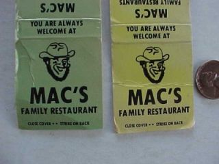 1960 70s Indiana Macs Family Restaurants 2 Matchbook Set Anderson