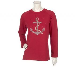 Quacker Factory Ahoy Anchor Rhinestone and Embroidered Sweatshirt 