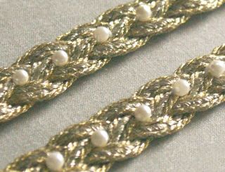  Gold Hand Beaded Renaissance Woven Trim Faux Pearls Celtic Knot
