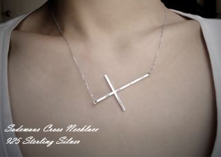 Sideways Cross Necklace in White Gold Vermeil Over 925 Sterling Silver