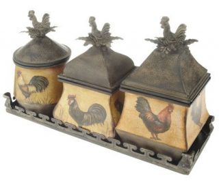 Set of Three Antique Rooster Motif Canisters with Decorative Tray 