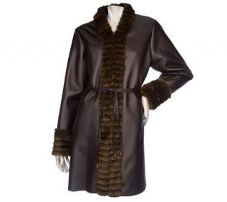 Dennis Basso Cracked Faux Leather & Faux Fur Coat with Belt — 