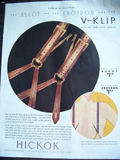 1933 Vintage Hickok Croydon V Klip Suspenders Color Ad