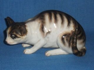 Meissen Porcelain Crouching Tabby Cat Figure Blue Crossed Swords Mark