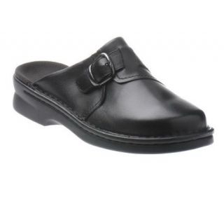 Clarks February Leather Slip on Clogs w/Buckle Detail —