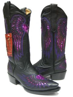  LADIES BLACK LEATHER WESTERN COWBOY BOOTS WITH WINGS & HEARTS SNIP TOE