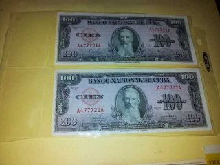 1950 cuba two 100 pesos consecutive serial numbers bills note cuban