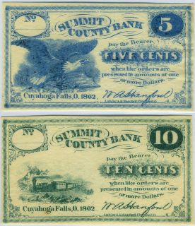 5c 10c 1862 Summit County Bank Cuyahoga Falls Ohio Obsolete Banknotes