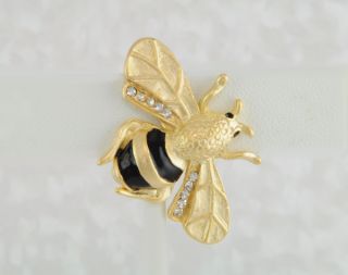  Black French Enamel Crystal Bee Insect Pin 14kt Yellow Gold EP