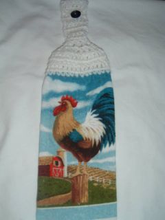 Country Red Barn Rooster Crochet Top Kitchen Towel New