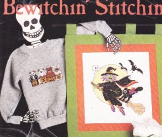 OOP HALLOWEEN BREAD CLOTHS Cross Stitch SKELETON WITCH