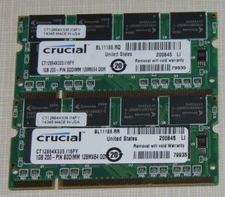 Crucial 2GB 2x1GB PC2700 DDR 333 SODIMM Laptop Memory