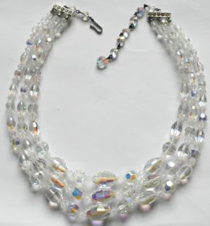  Vintage 1950s Three Strand Aurora Borealis Crystal Necklace