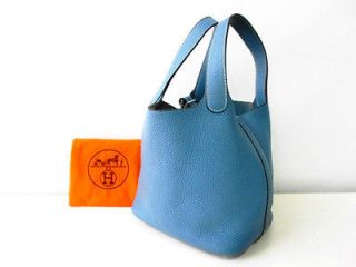 AUTH HERMES PICOTIN PM BLUE TAURILLON CLEMENCE LEATHER HAND BAG PURSE