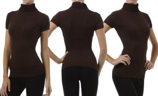 Brown Cup Short Sleeve Turtleneck Top Elastic Sexy Fit