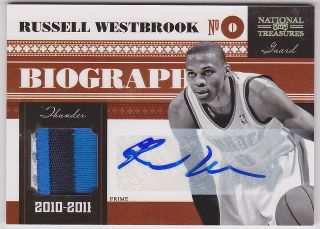   2011 National Treasures Russell Westbrook auto patch card #ed 10