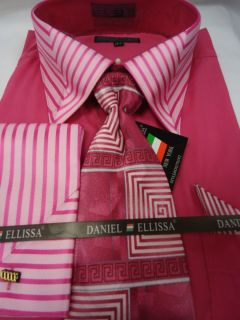 Mens Daniel Ellissa Hot Pink Striped High Collar Dress Shirt Tie Set