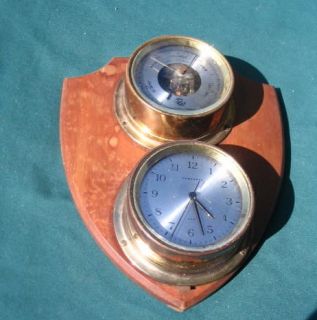 Vintage Nautical Danforth White Brass Ships Clock Barometer Mounted