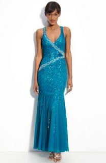 Sean Collection Crisscross Back Beaded Mesh Gown