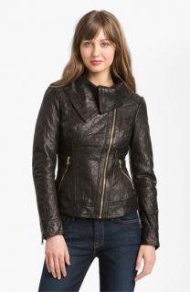 GUESS Asymmetrical Funnel Neck Leather Jacket