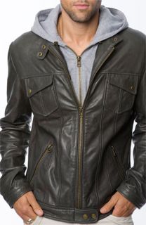 7 Diamonds Los Angeles Trim Fit Leather Moto Jacket with Inset Hood