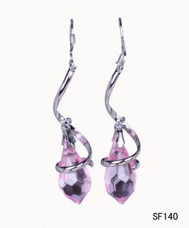  Silver Double Pink Crystal Charms Earring Eardrop SF140