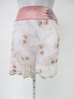 Calma Pink Sheer Beaded Leather Trim Wrap Around Skirt Sz L
