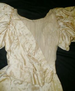  1890s Ivory Brocade Satin Leg O Mutton Wedding Ball Gown Dress