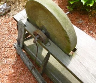 Antique Bench Grinding Stone Sharpening Wheel Grinder w/ Wood Bench