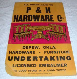 Vintage Cardboard Sign For Hardware Co Undertaking In Depew OK