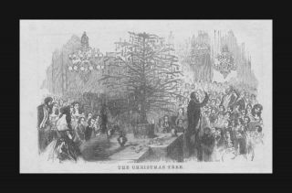 Christmas Tree Decorated Early Antique Engraving Original 1860