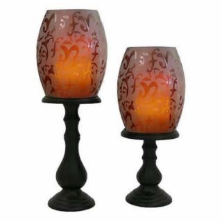 Cranberry Etched Glass Hurricane Holders with Flameless Candles Set of