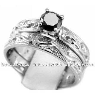Fancy Black Diamond Matching Engagement Wedding Ring Set 14k White