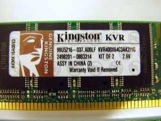  Kit Kingston KVR400X64C3AK2/1G DDR Dual Channel PC3200 Server Memory