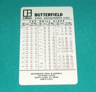   Butterfield Original Tap Drill Sizes Decimal Equivalents Chart New k