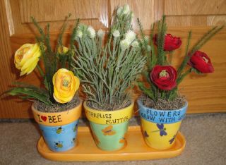 Decorative Ceramic Flower Pots Tray Silk Plants Bee Butterflies 12