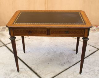  19c Louis XVI Inlaid Leather Top Desk with 2 Drawers Lock Key