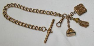Antique Victorian Gold Fill Watch Chain Bracelet 3 Fobs: Locket,Wax